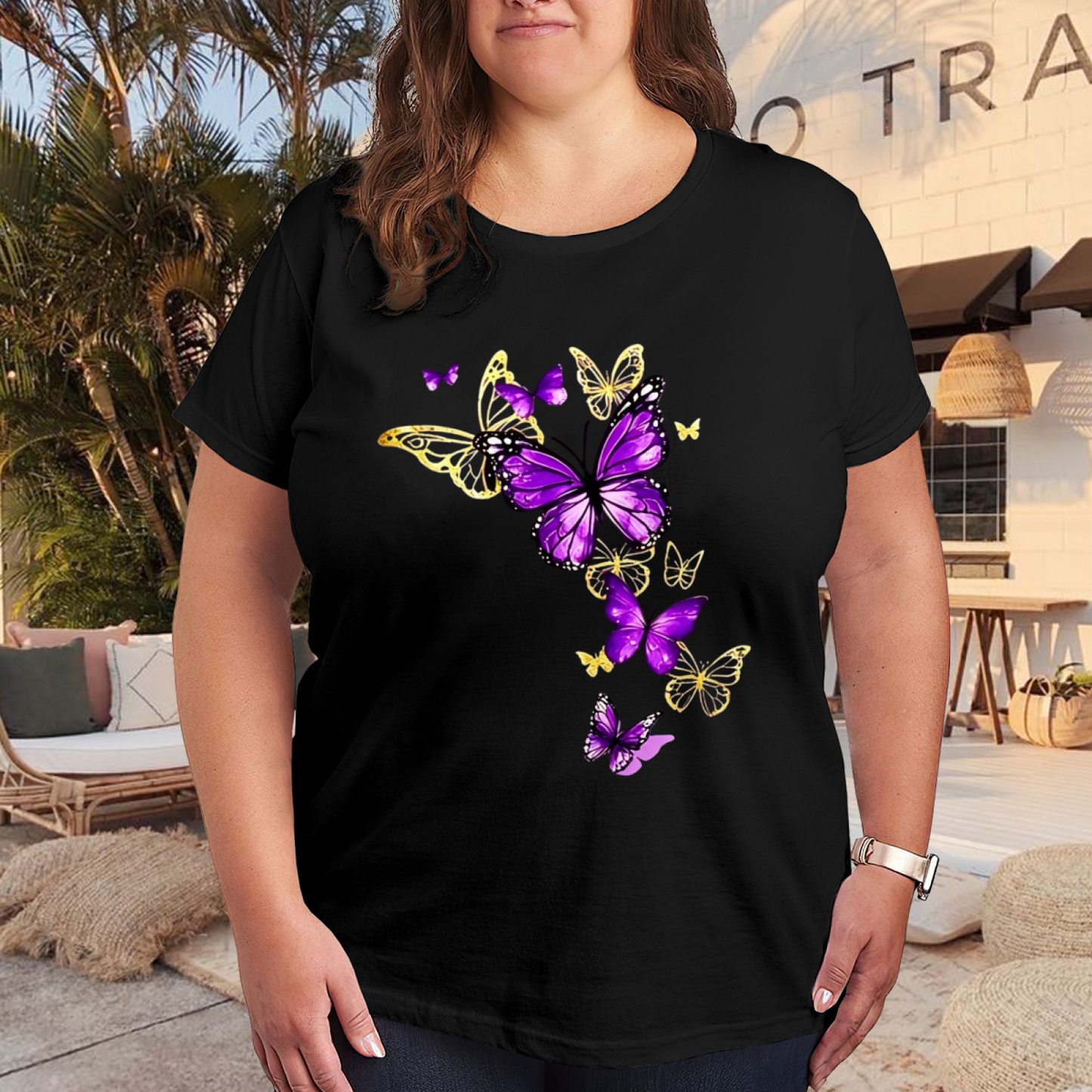 Luxe Purple & Gold Mixed Butterflies Flowing Pattern Plus Size Women Printed T-Shirt