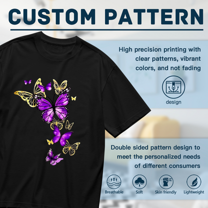 Luxe Purple & Gold Mixed Butterflies Flowing Pattern Plus Size Women Printed T-Shirt