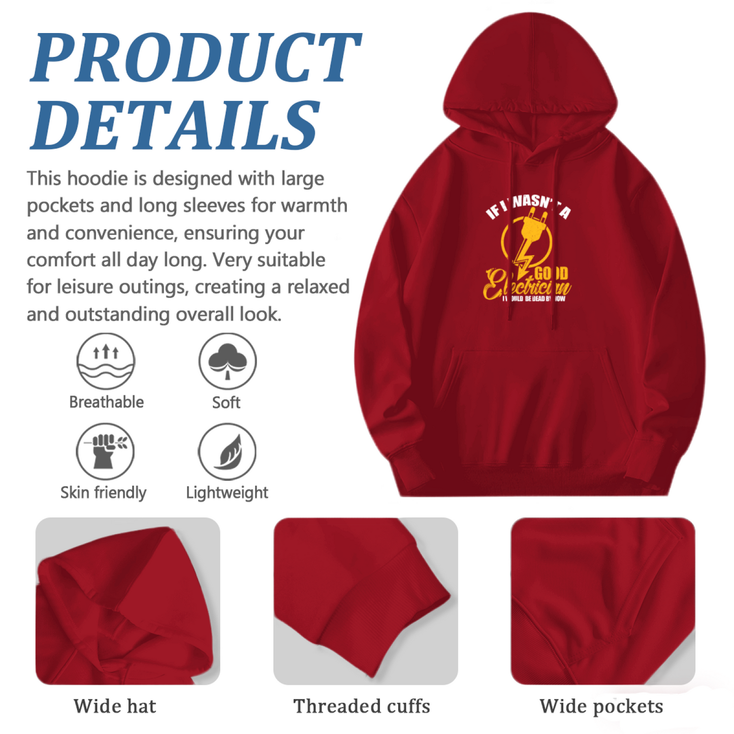 Electrician Funny Quote Red Hoodie, Cozy Workwear Casual Long Sleeve Hooded Top