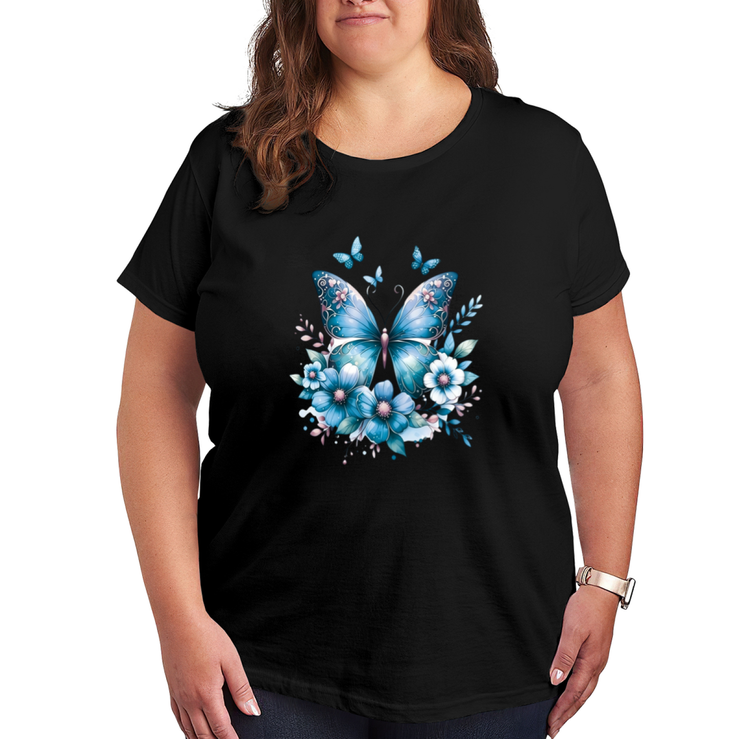 Soft Light Blue Watercolor Floral Butterfly Gentle Plus Size Women¡¯s Printed T-Shirt