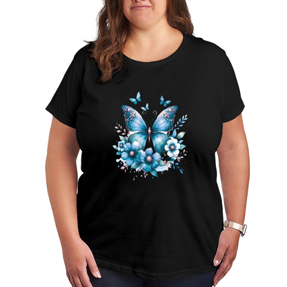 Soft Light Blue Watercolor Floral Butterfly Gentle Plus Size Women¡¯s Printed T-Shirt