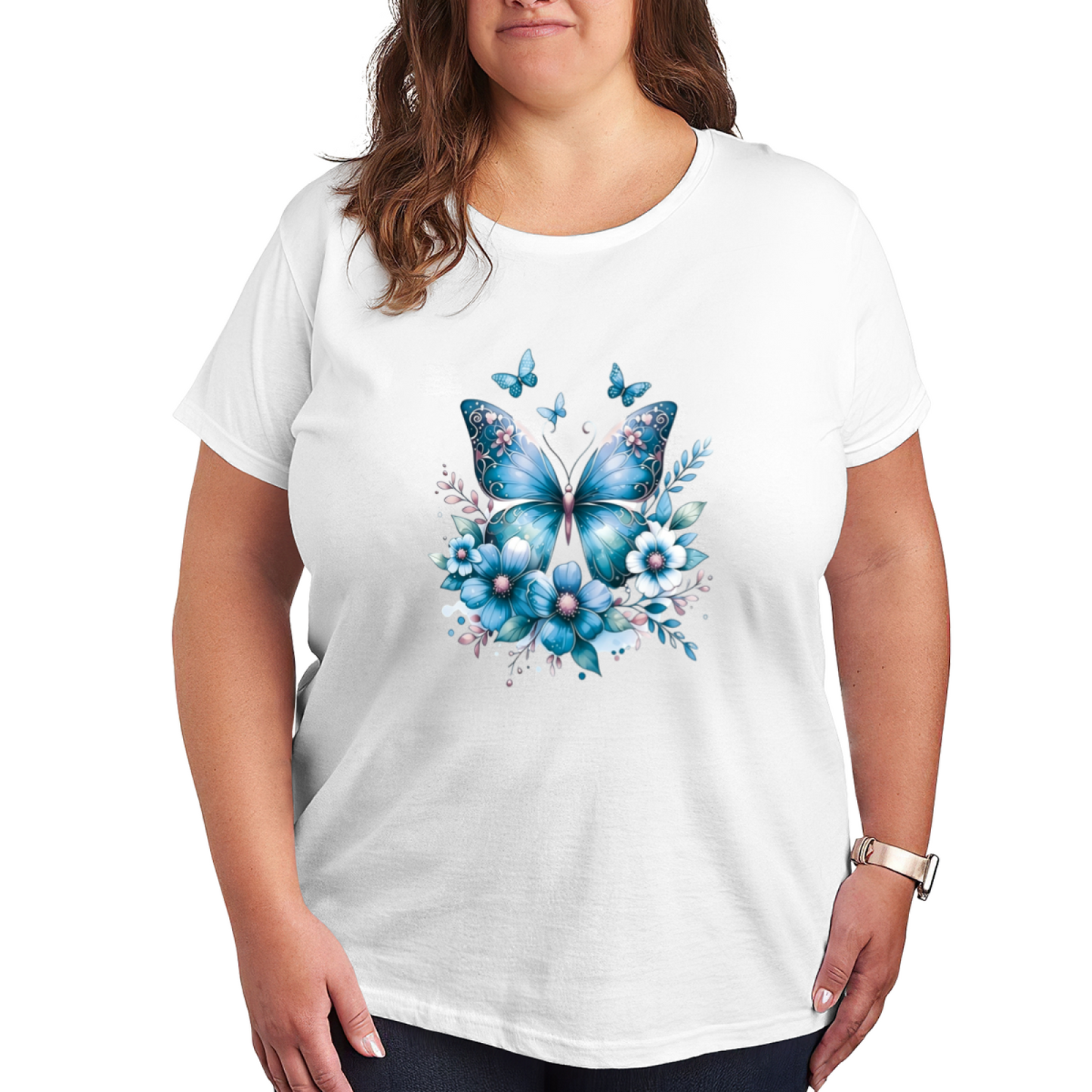 Soft Light Blue Watercolor Floral Butterfly Gentle Plus Size Women¡¯s Printed T-Shirt