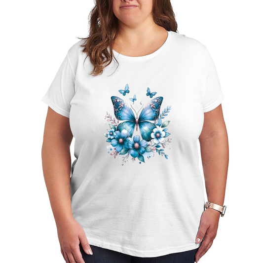 Soft Light Blue Watercolor Floral Butterfly Gentle Plus Size Women¡¯s Printed T-Shirt