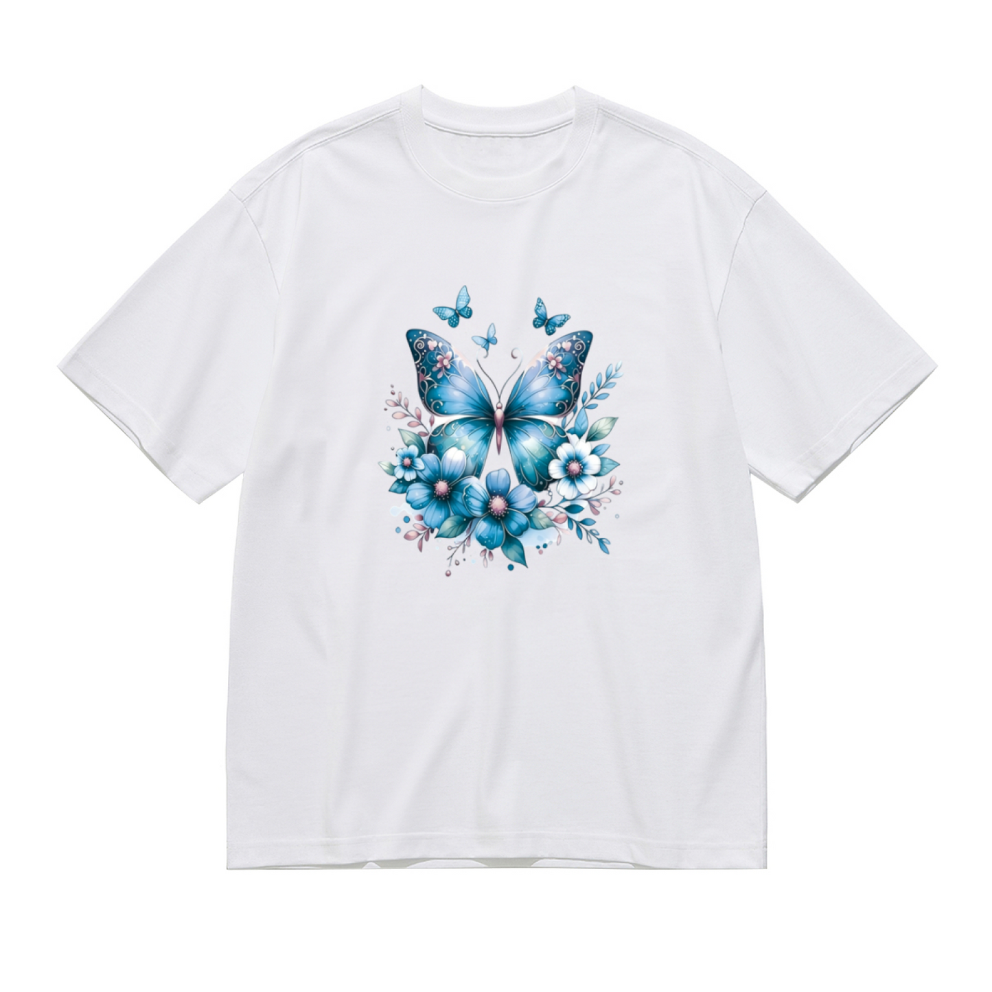 Soft Light Blue Watercolor Floral Butterfly Gentle Plus Size Women¡¯s Printed T-Shirt