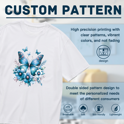 Soft Light Blue Watercolor Floral Butterfly Gentle Plus Size Women¡¯s Printed T-Shirt