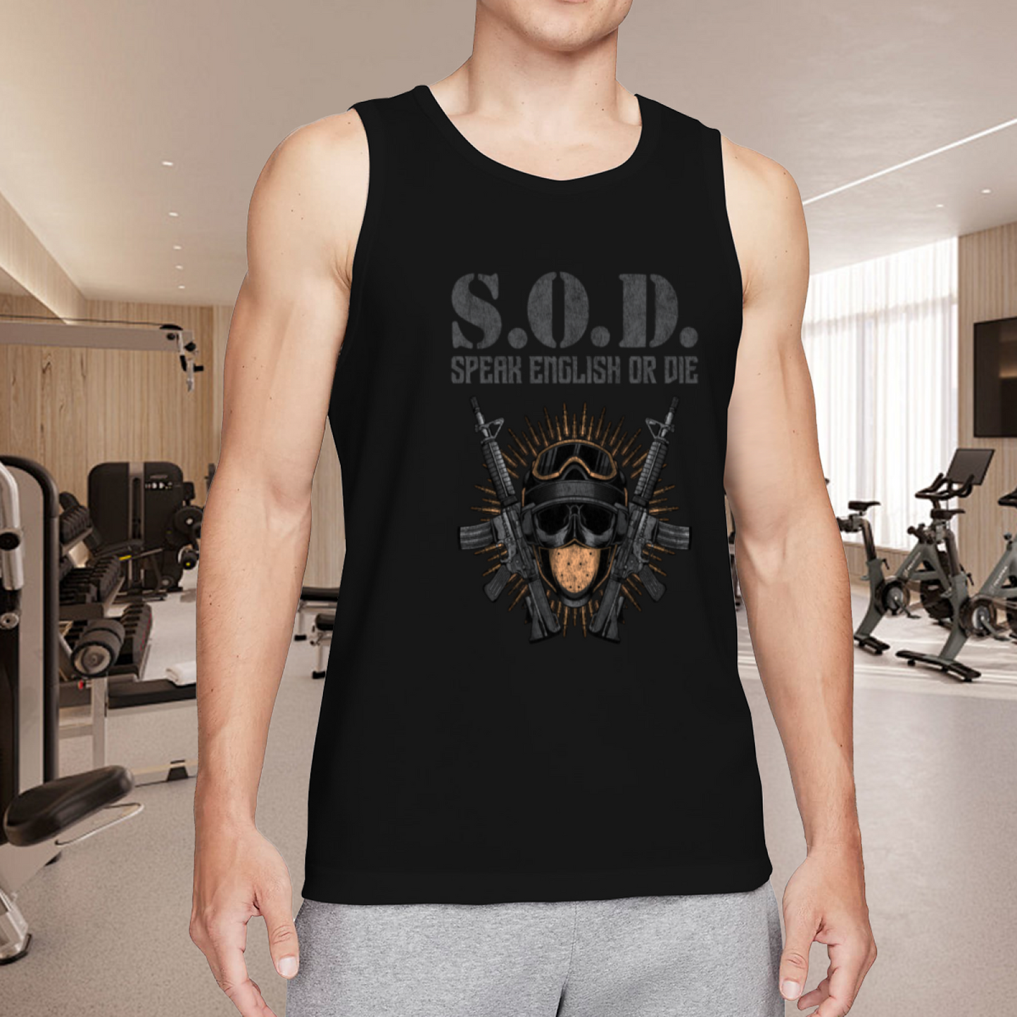 S.O.D Speak English Or Die Tactical Skull Rifle Graphic Men Tank Top