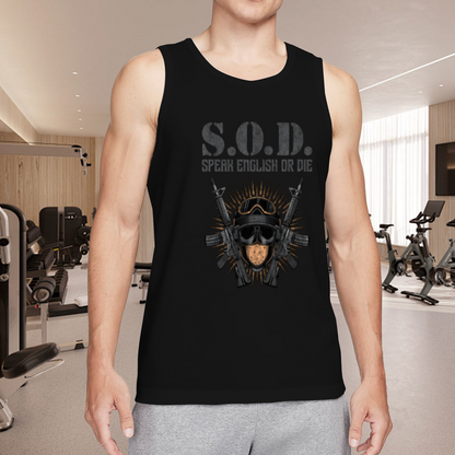 S.O.D Speak English Or Die Tactical Skull Rifle Graphic Men Tank Top