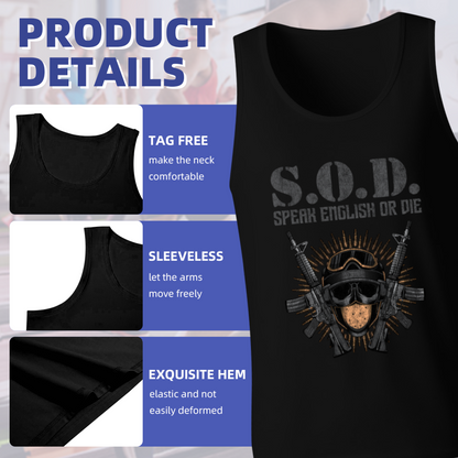 S.O.D Speak English Or Die Tactical Skull Rifle Graphic Men Tank Top