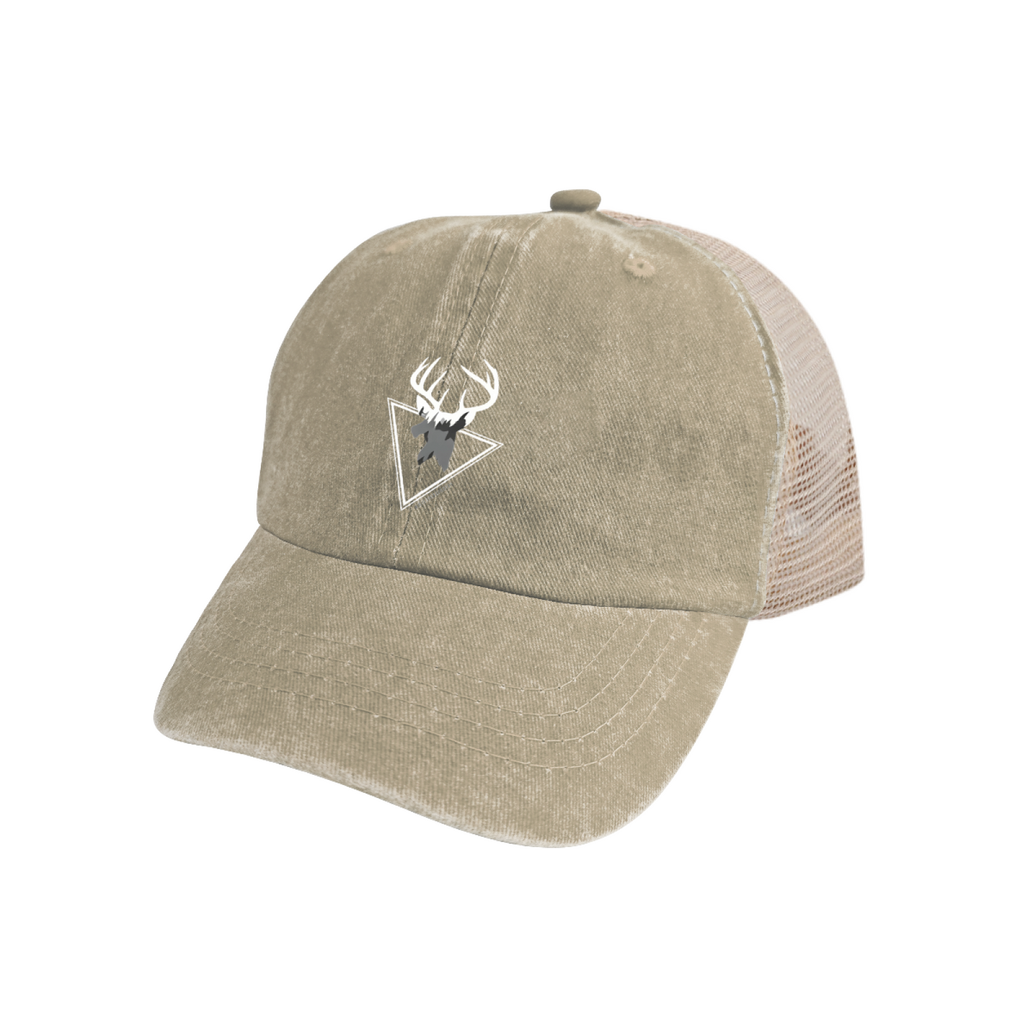 Wild Deer Mountain Triangle Graphic Vintage Washed Mesh Trucker Hat ¨C Outdoor Hunting Distressed Cap