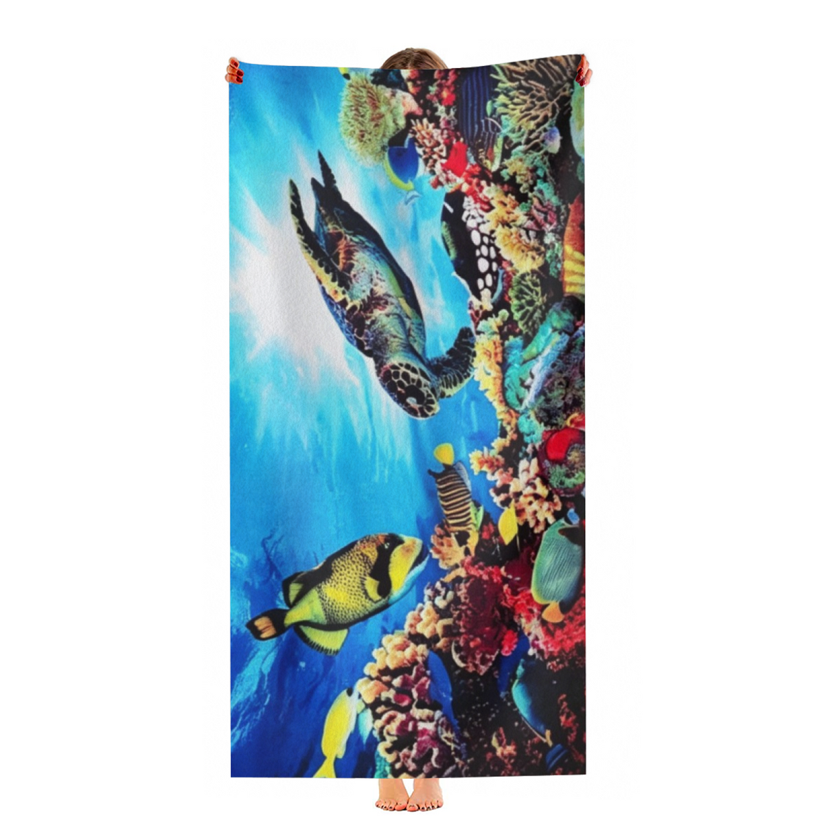 Vivid Underwater Coral Reef Turtle Fish Beach Towel, Skin Gentle Soft & Super Absorbent, All Length Sizes for Immersive Comfort at the Seaside