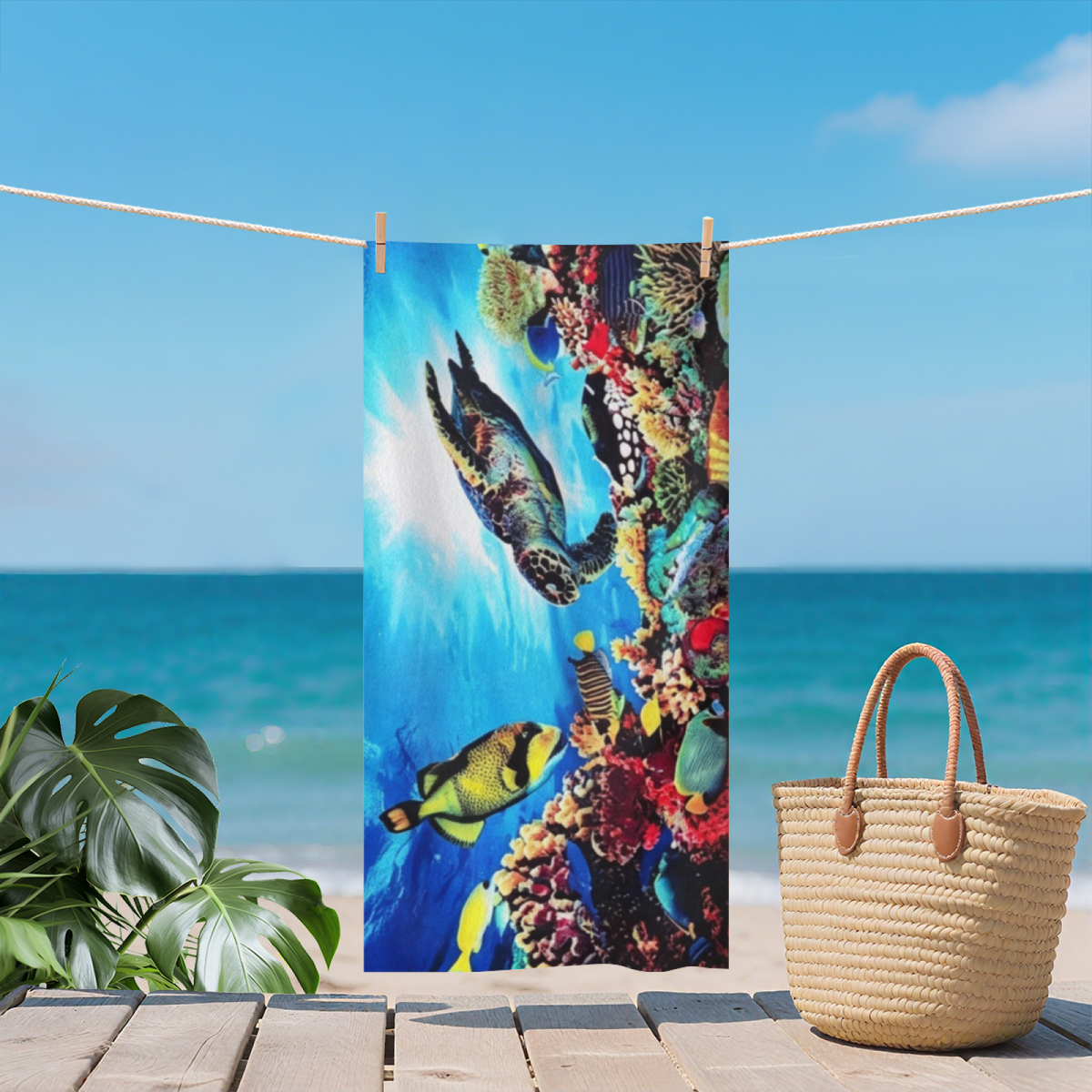 Vivid Underwater Coral Reef Turtle Fish Beach Towel, Skin Gentle Soft & Super Absorbent, All Length Sizes for Immersive Comfort at the Seaside