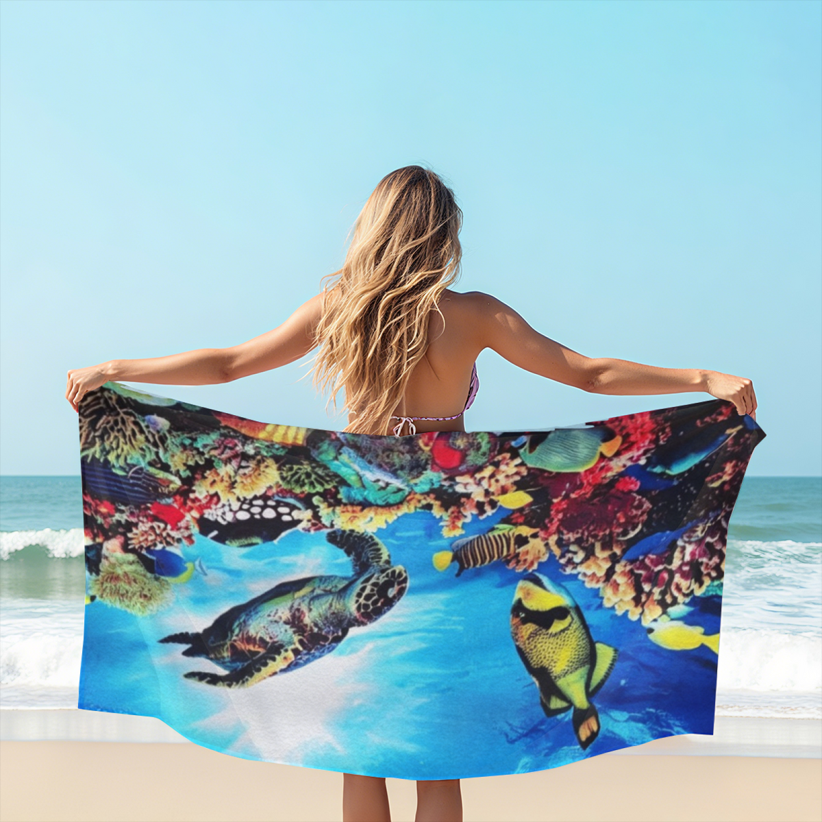Vivid Underwater Coral Reef Turtle Fish Beach Towel, Skin Gentle Soft & Super Absorbent, All Length Sizes for Immersive Comfort at the Seaside