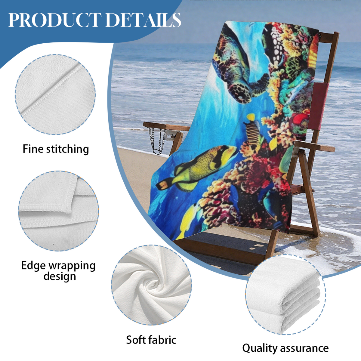 Vivid Underwater Coral Reef Turtle Fish Beach Towel, Skin Gentle Soft & Super Absorbent, All Length Sizes for Immersive Comfort at the Seaside