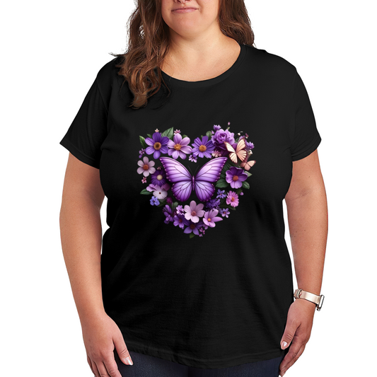 Purple Daisy Big Butterfly Floral Heart Romantic Plus Size Women Printed T-Shirt