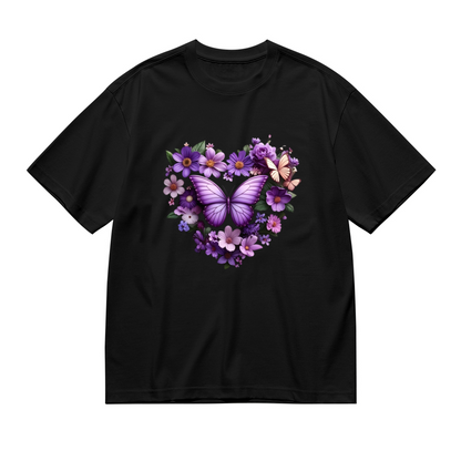 Purple Daisy Big Butterfly Floral Heart Romantic Plus Size Women Printed T-Shirt