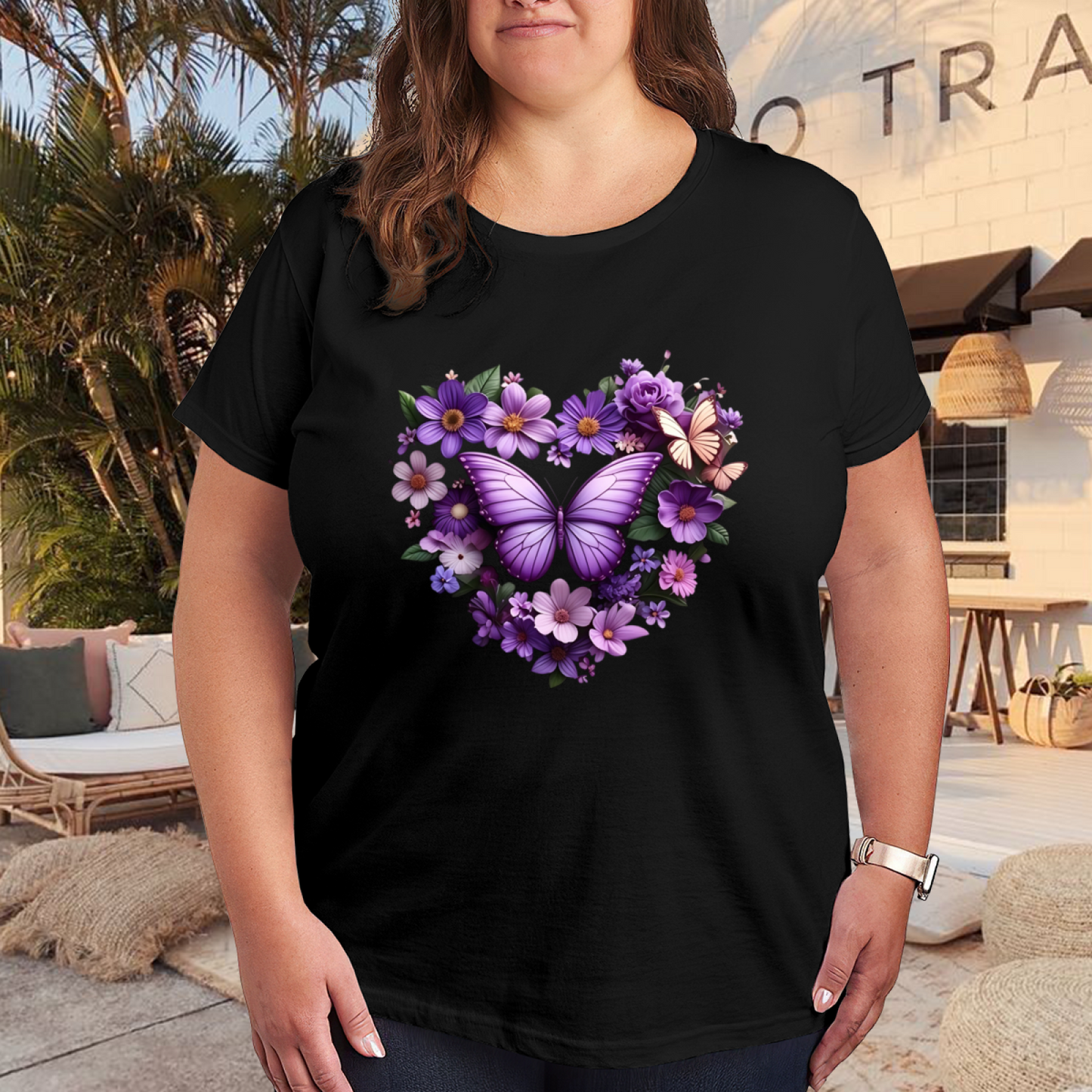 Purple Daisy Big Butterfly Floral Heart Romantic Plus Size Women Printed T-Shirt