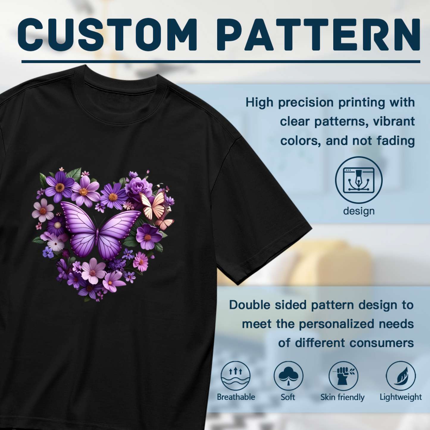 Purple Daisy Big Butterfly Floral Heart Romantic Plus Size Women Printed T-Shirt