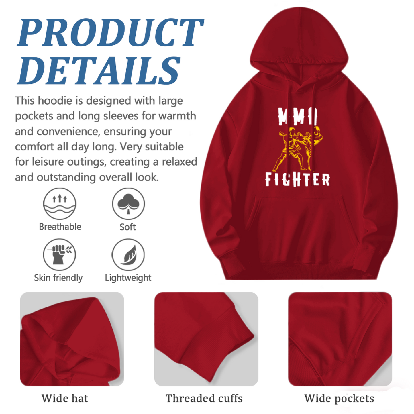 MMA Fighter Muay Thai Boxing Graphic Red Hoodie, Comfortable Unisex Daily Pullover