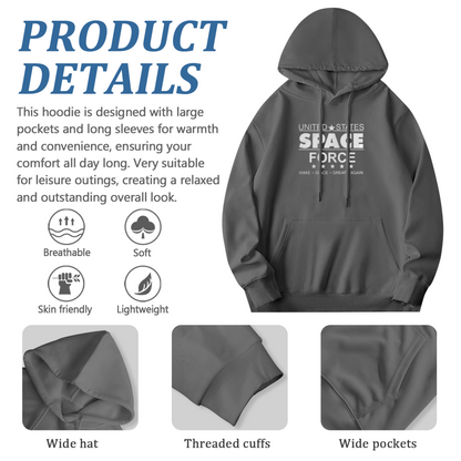 US Space Force Text Grey Hoodie, Warm Patriotic Comfort Casual Pullover