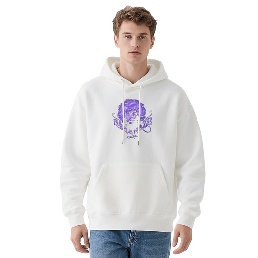 Purple Vintage Portrait White Hoodie, Retro Art Graphic All-Day Comfort Hoodie