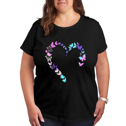 Gradient Purple Blue Butterfly Hollow Heart Cute Plus Size Women Printed T-Shirt