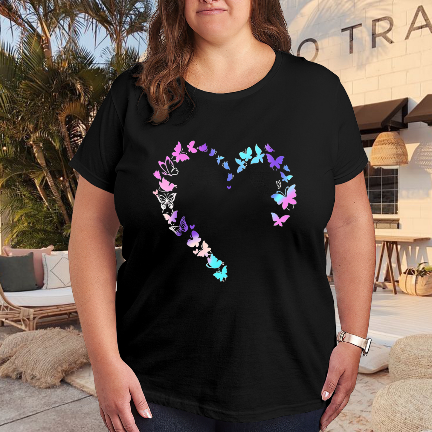 Gradient Purple Blue Butterfly Hollow Heart Cute Plus Size Women Printed T-Shirt