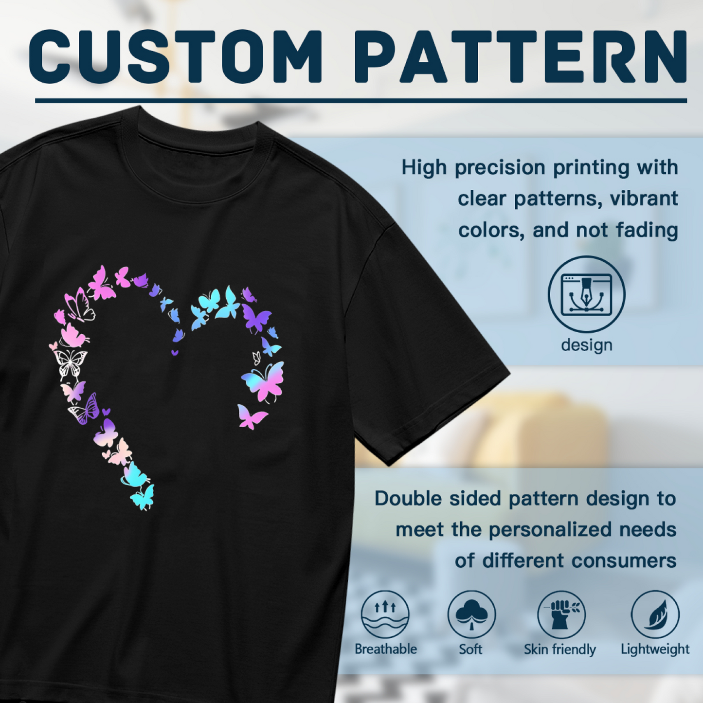 Gradient Purple Blue Butterfly Hollow Heart Cute Plus Size Women Printed T-Shirt