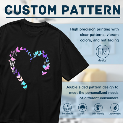 Gradient Purple Blue Butterfly Hollow Heart Cute Plus Size Women Printed T-Shirt