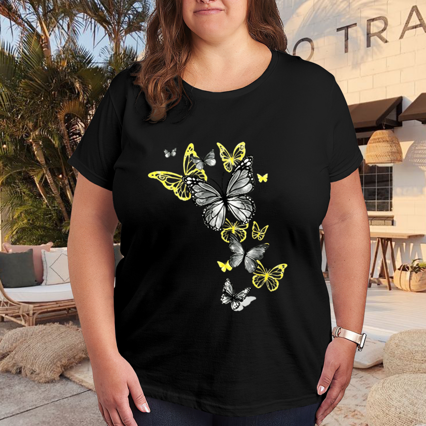 Sleek Grey & Golden Outline Butterflies Minimal Chic Print Plus Size Women Printed T-Shirt