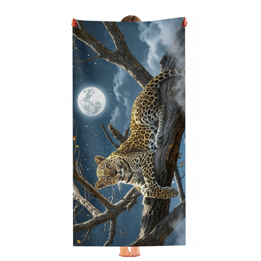 Mysterious Moonlit Tree Leopard Print Beach Towel, Thick Plush Soft & Max Water Absorbent, Multiple Sizes Offered, Comfortable Unique Towel for Wildlife Lovers