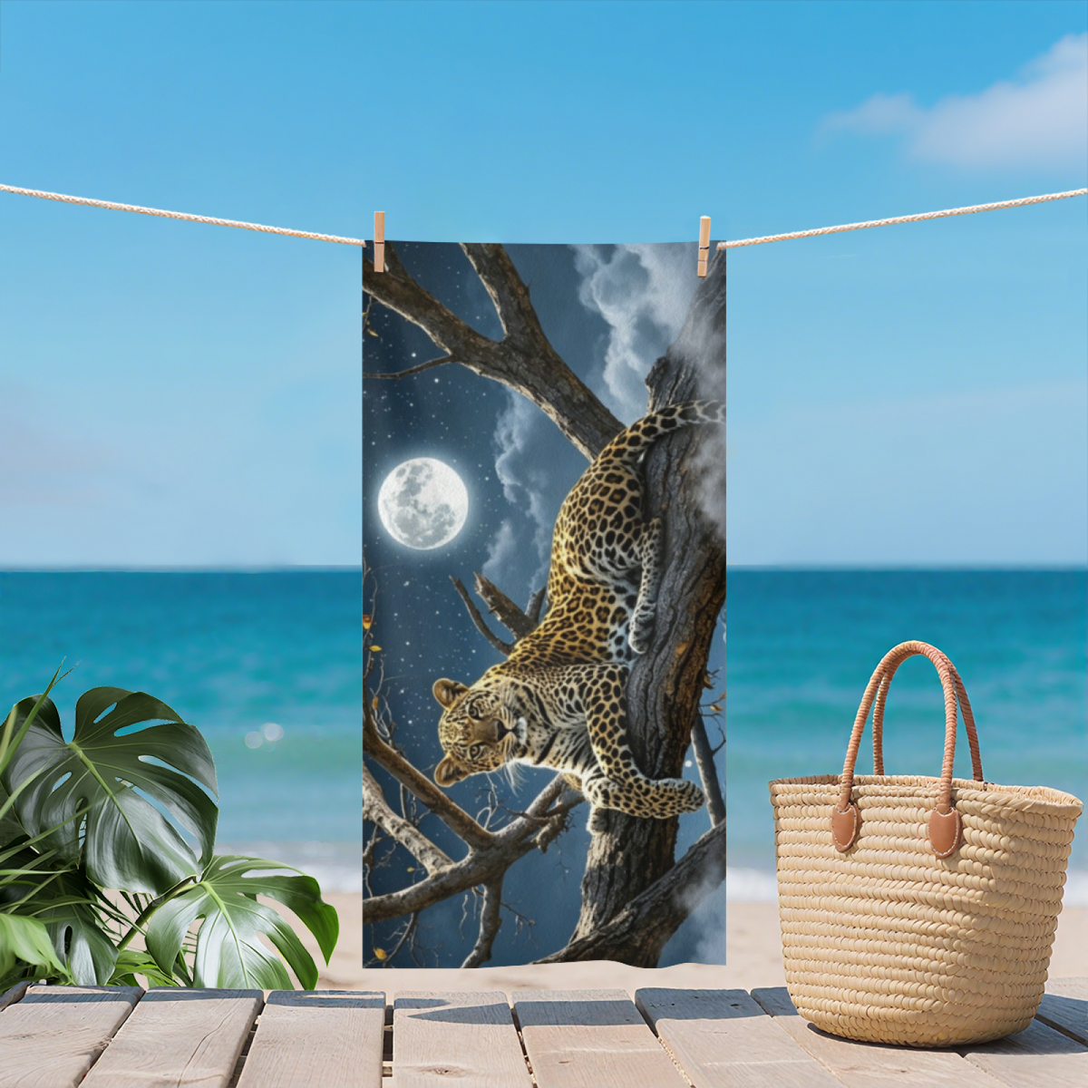 Mysterious Moonlit Tree Leopard Print Beach Towel, Thick Plush Soft & Max Water Absorbent, Multiple Sizes Offered, Comfortable Unique Towel for Wildlife Lovers