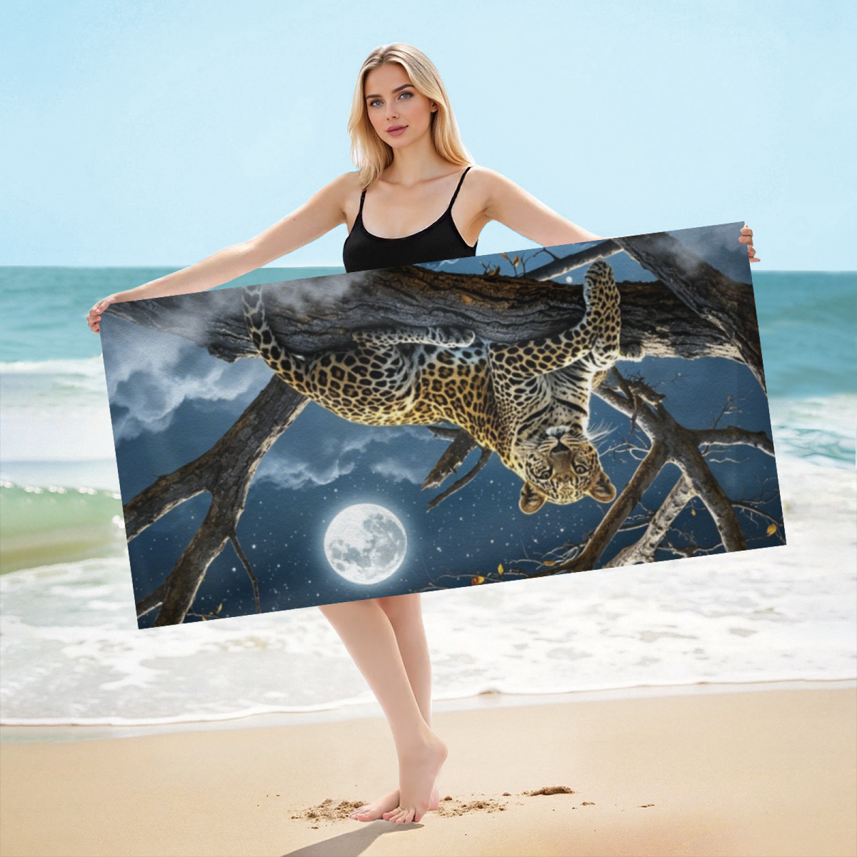 Mysterious Moonlit Tree Leopard Print Beach Towel, Thick Plush Soft & Max Water Absorbent, Multiple Sizes Offered, Comfortable Unique Towel for Wildlife Lovers