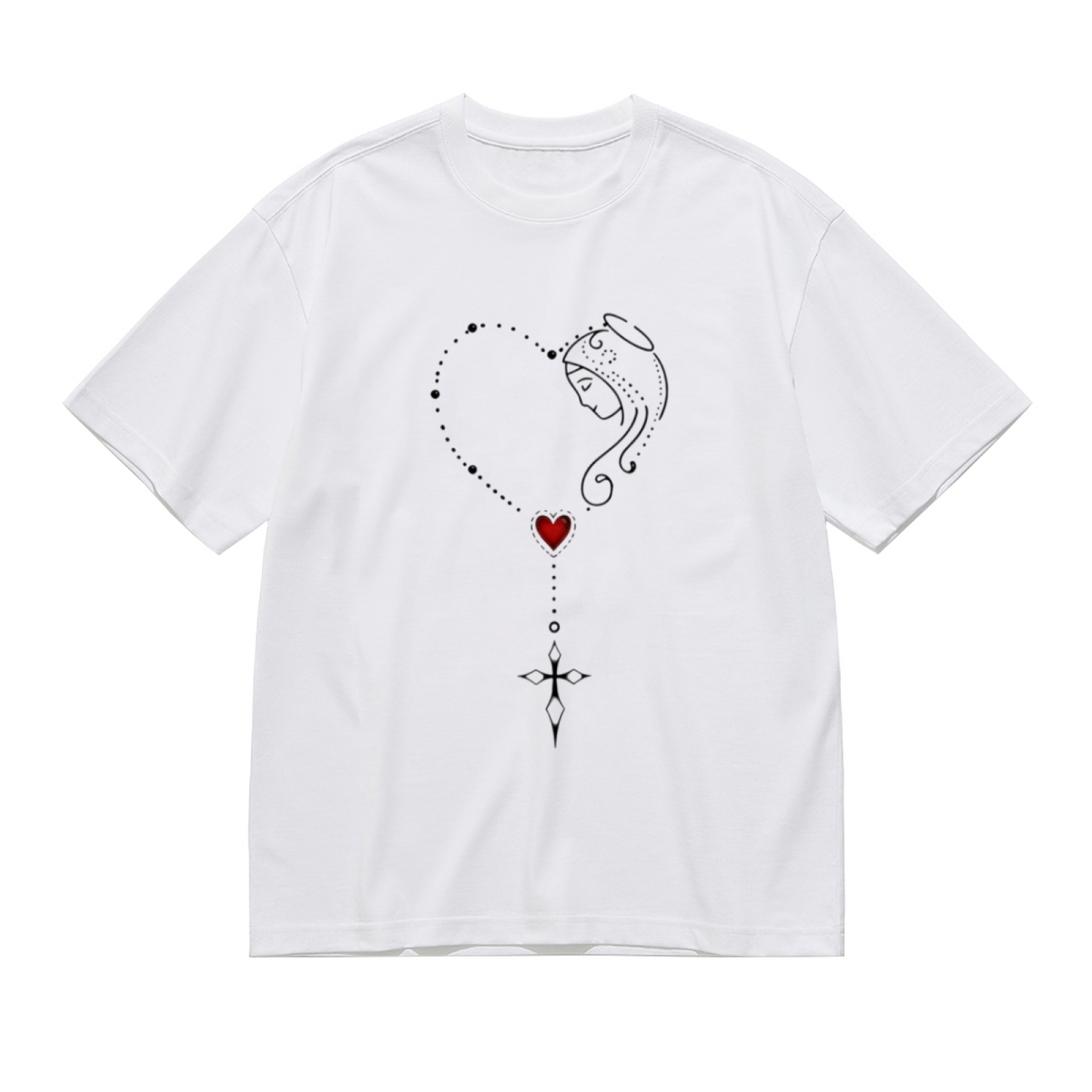 Sacred Virgin Mary Heart Cross Line Art Plus Size Women Graphic Tee