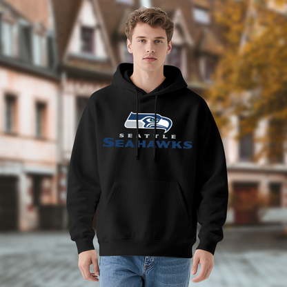 Seattle Seahawks Sport Logo Black Hoodie, Men Athletic Warm Casual Hooded Sweatshirt