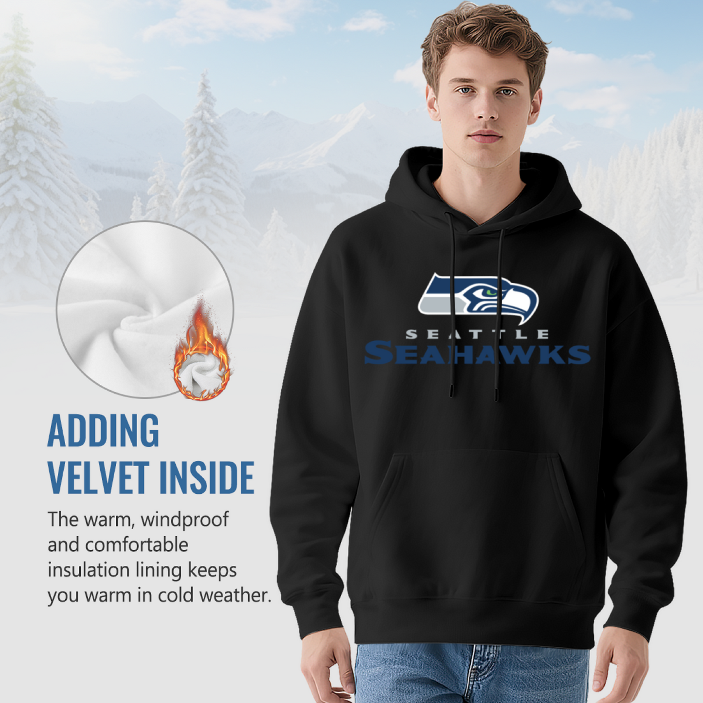Seattle Seahawks Sport Logo Black Hoodie, Men Athletic Warm Casual Hooded Sweatshirt