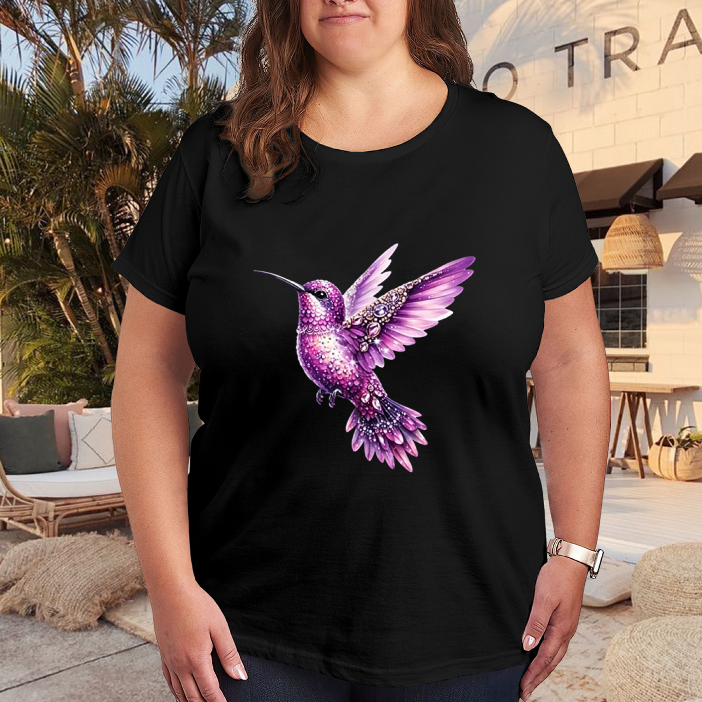 Luxe Purple Crystal Hummingbird Plus Size Ladies T-Shirt