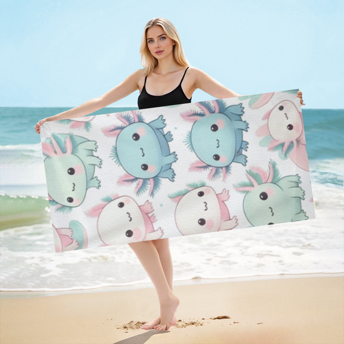 Cute Pastel Axolotl Cartoon Beach Towel, Ultra Skin-Friendly, Fluffy Soft and Highly Absorbent for All Ages