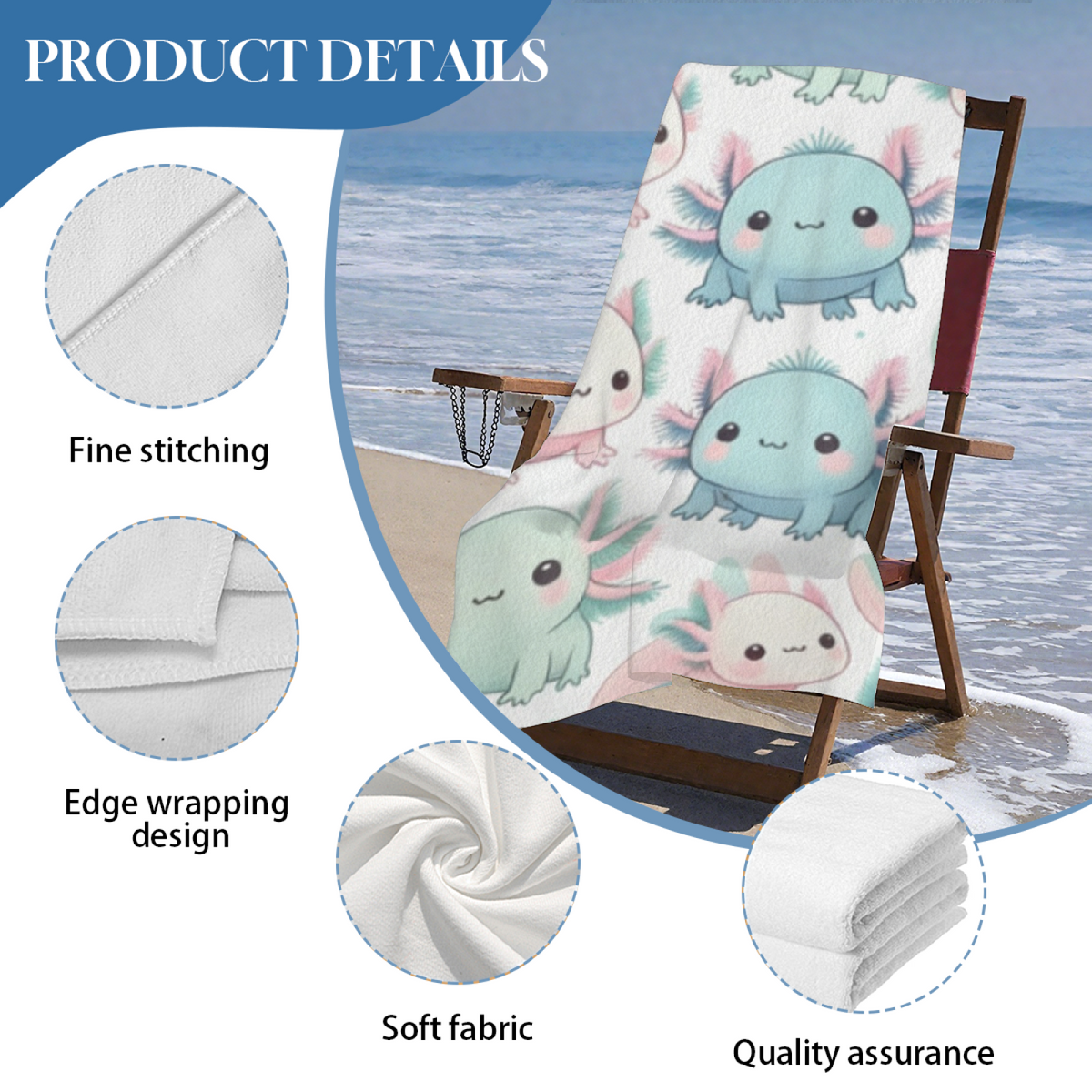 Cute Pastel Axolotl Cartoon Beach Towel, Ultra Skin-Friendly, Fluffy Soft and Highly Absorbent for All Ages