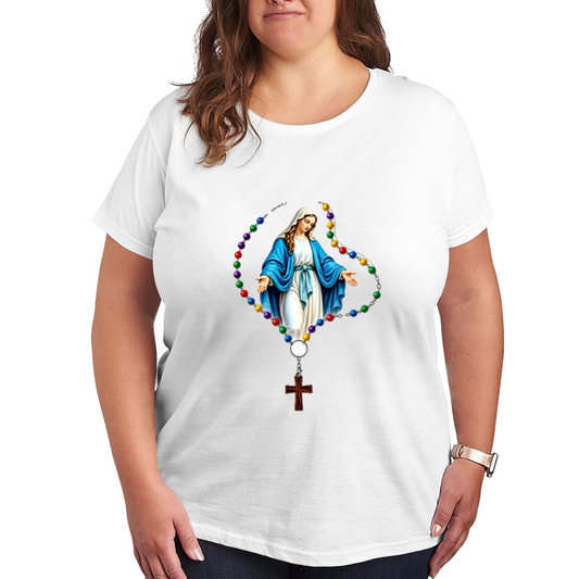 Virgin Mary Colorful Rosary Catholic Faith Plus Size Ladies Tee