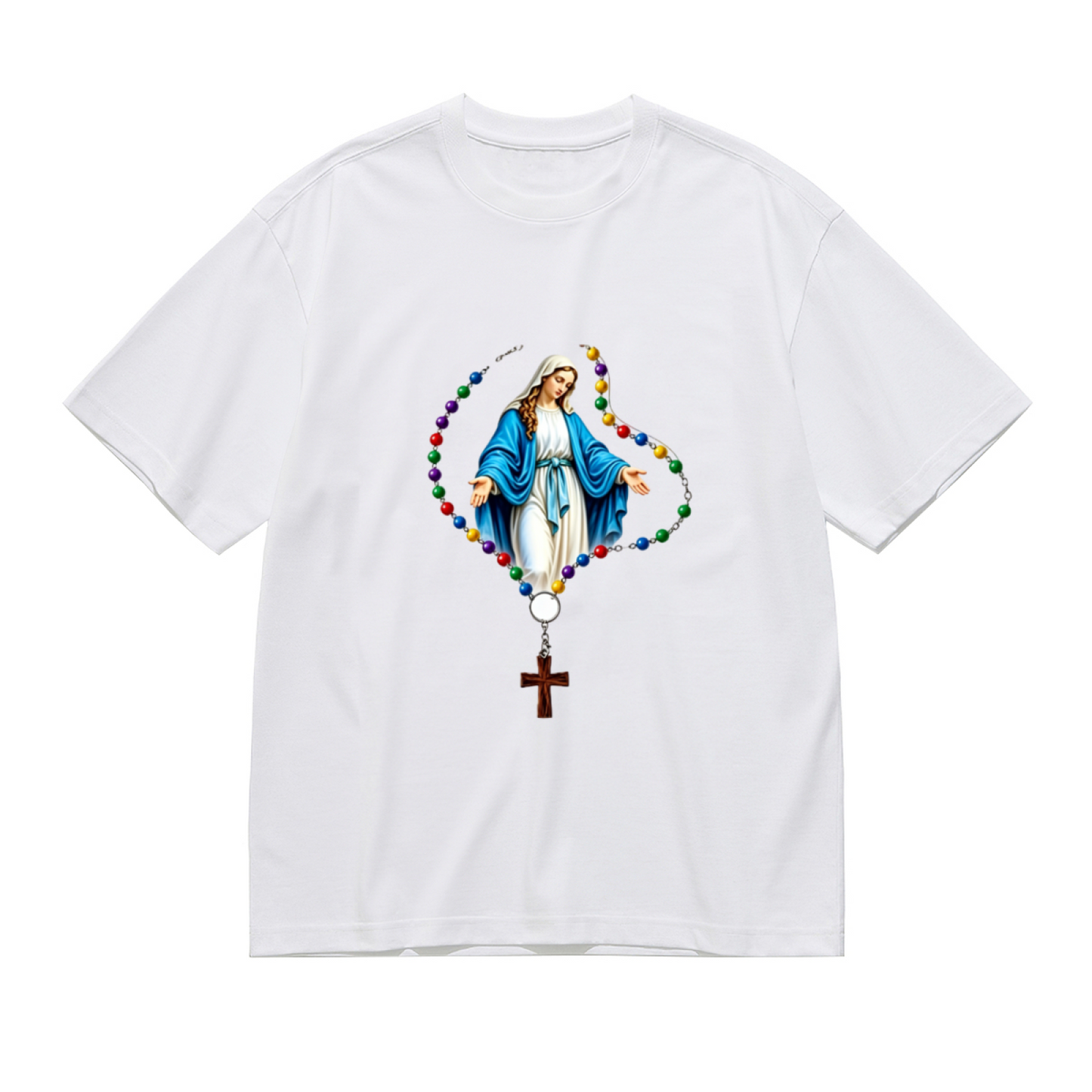 Virgin Mary Colorful Rosary Catholic Faith Plus Size Ladies Tee
