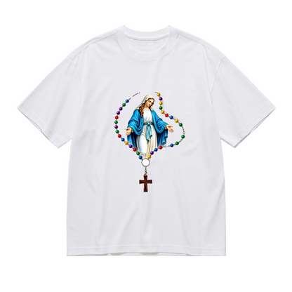 Virgin Mary Colorful Rosary Catholic Faith Plus Size Ladies Tee