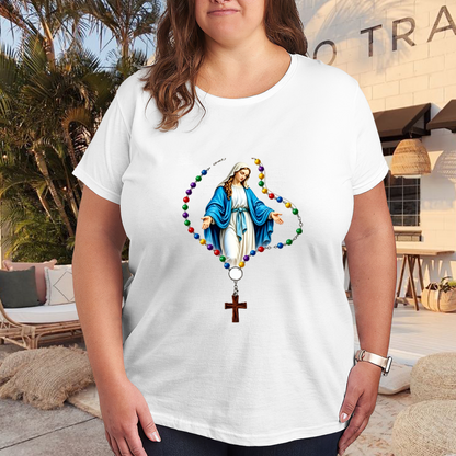 Virgin Mary Colorful Rosary Catholic Faith Plus Size Ladies Tee