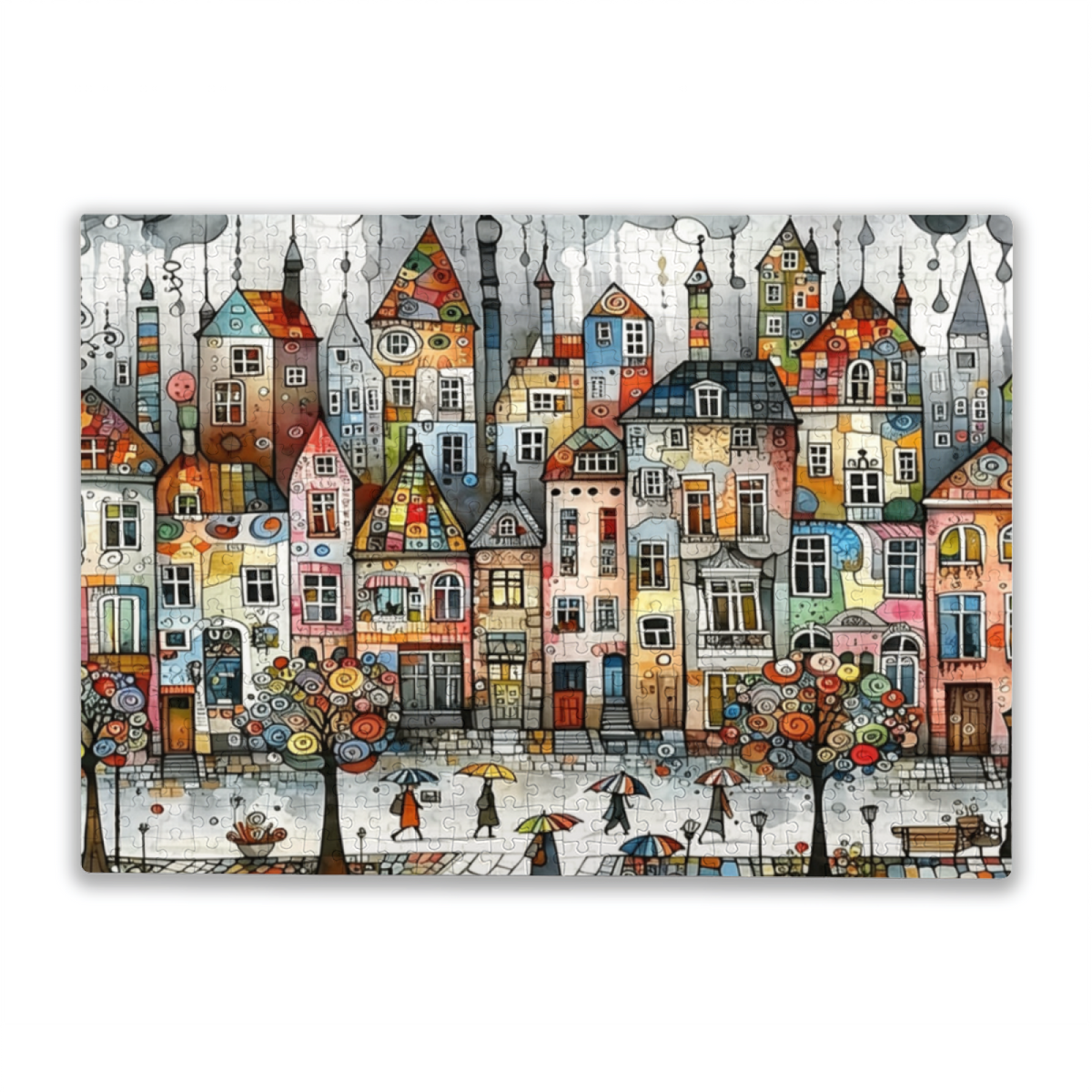 Watercolor Art Vibrant Tiny Town With Umbrella Walkers Puzzle | 300/500/1000 Pieces