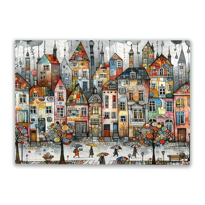 Watercolor Art Vibrant Tiny Town With Umbrella Walkers Puzzle | 300/500/1000 Pieces
