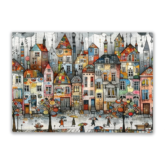 Watercolor Art Vibrant Tiny Town With Umbrella Walkers Puzzle | 300/500/1000 Pieces