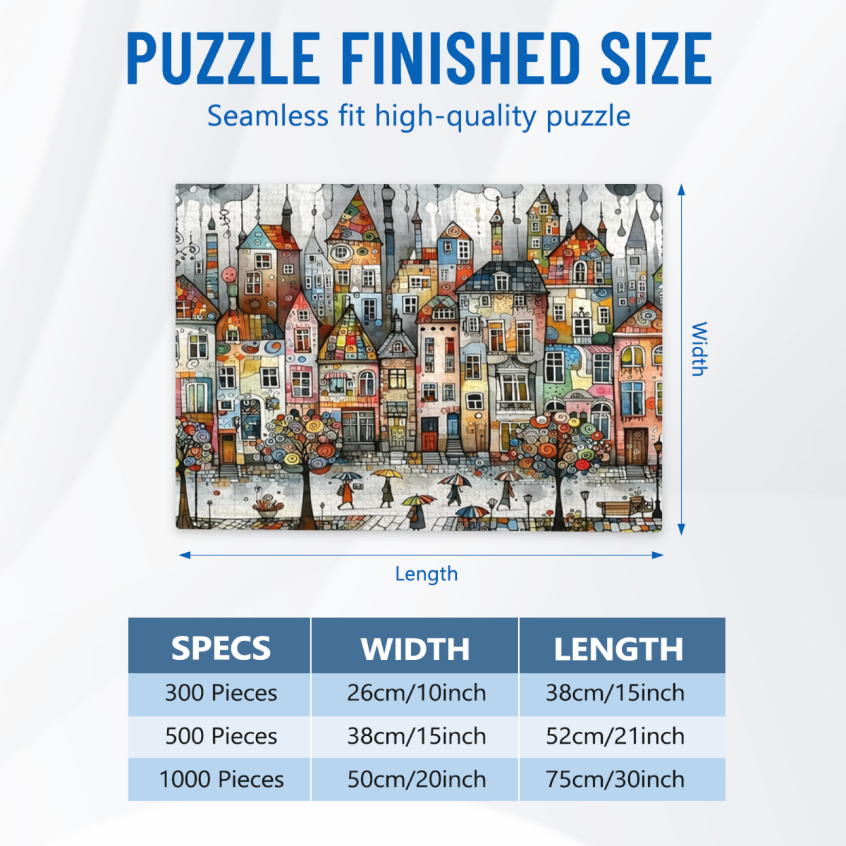 Watercolor Art Vibrant Tiny Town With Umbrella Walkers Puzzle | 300/500/1000 Pieces