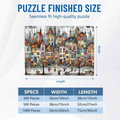 Watercolor Art Vibrant Tiny Town With Umbrella Walkers Puzzle | 300/500/1000 Pieces