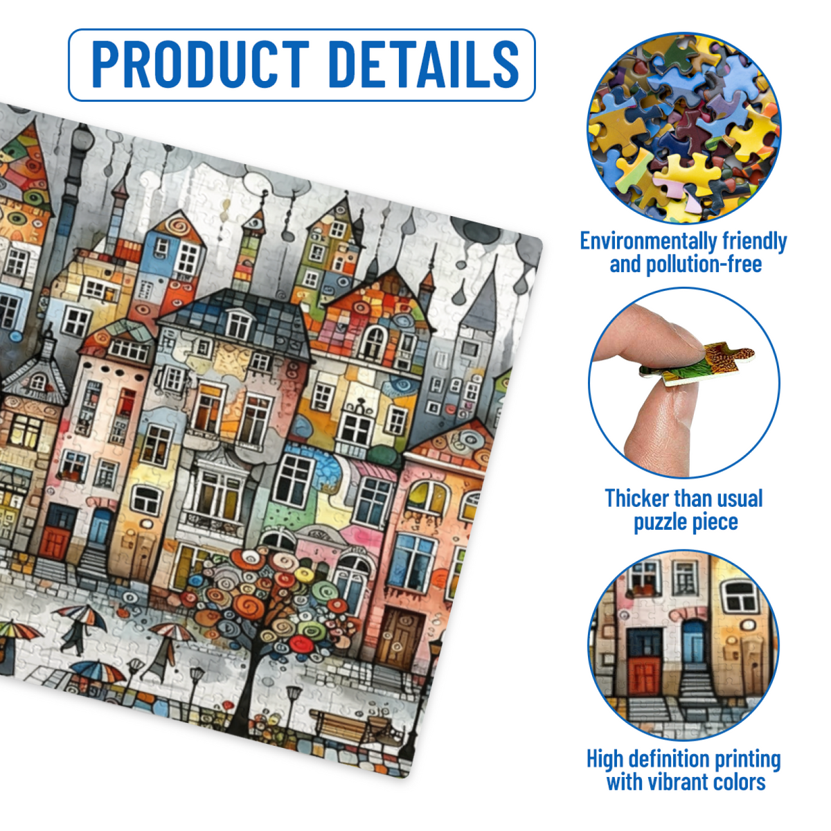 Watercolor Art Vibrant Tiny Town With Umbrella Walkers Puzzle | 300/500/1000 Pieces