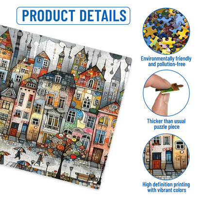 Watercolor Art Vibrant Tiny Town With Umbrella Walkers Puzzle | 300/500/1000 Pieces