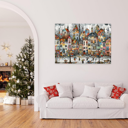 Watercolor Art Vibrant Tiny Town With Umbrella Walkers Puzzle | 300/500/1000 Pieces
